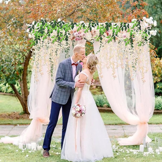 24 Pack Champagne Pink Wisteria Hanging Flowers, 3.44 Ft Fake Hanging Flowers, Artificial Wisteria Garland Vines for Wedding Room Backdrop Outdoor Patio Garden Decoration