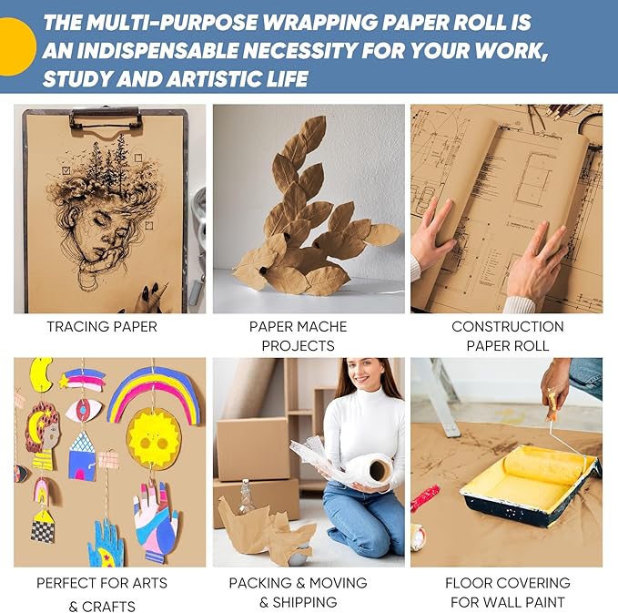 Brown Wrapping Paper, Kraft Paper Roll, Craft Decorative Paper 15" x 450", Packing Paper for Moving Shipping Supplies, Poster Bulletin Board Paper Roll, Father Day Bouquet Flower Arts Crafts Gift Wrap
