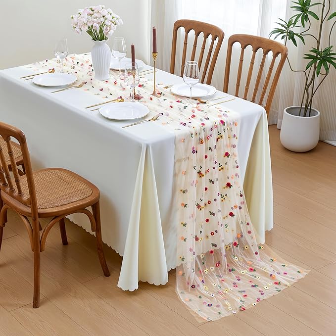 JIALE Champagne Floral Table Runner, Embroidery Daisy Seasonal Table Decorations, 120Inch 10FT 1PC Gold Tulle Fabric for Home Decor, Bridal Shower Wedding, Baby Shower Parties, DIY Craft