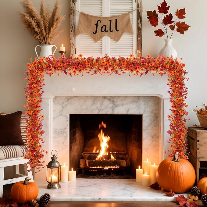 Fall Mums Flowers Artificial Garland for Decoration, 4 Pack 5.9 FT Faux Mums with Eucalyptus Leaves Ivy, UV Resistant Fake Fall Daisy Floral Vine Flowers for Home Garden Wedding Backdrop Decor