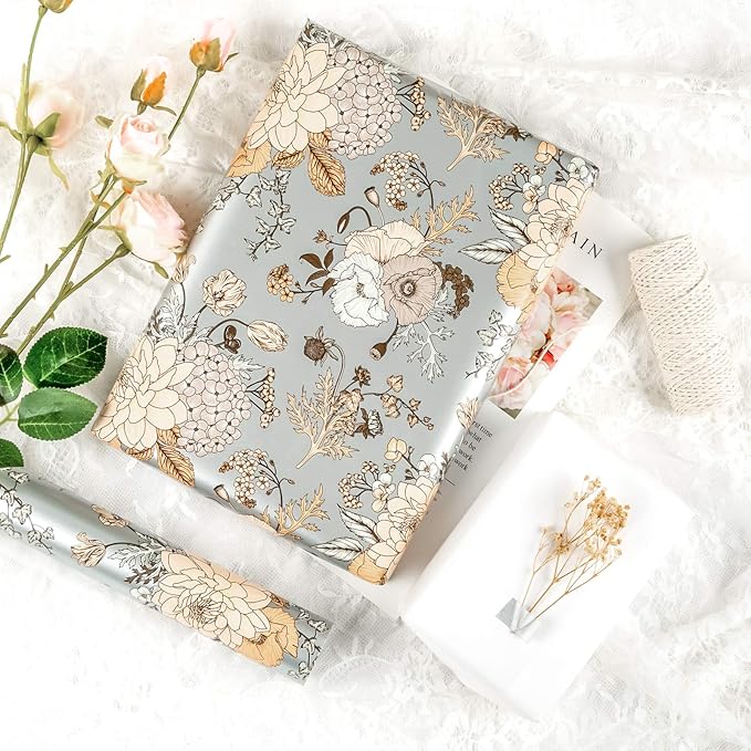 WRAPAHOLIC 30 Inch Jumbo Floral Wrapping Paper - 30 Inch X 33 Feet - Pearlized Silver Vintage Floral Wedding Wrapping Paper for Birthday, Bridal Shower, Baby Shower