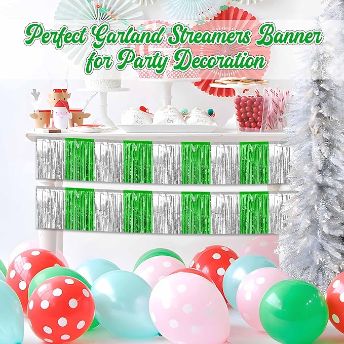 6 Pack 10 Ft Silver Green Foil Fringe Garland Metallic Streamers Tinsel Banner Wall Hanging Garland Backdrop for Parade Floats, Halloween, Christmas, Thanksgiving, New Year Party Decorations