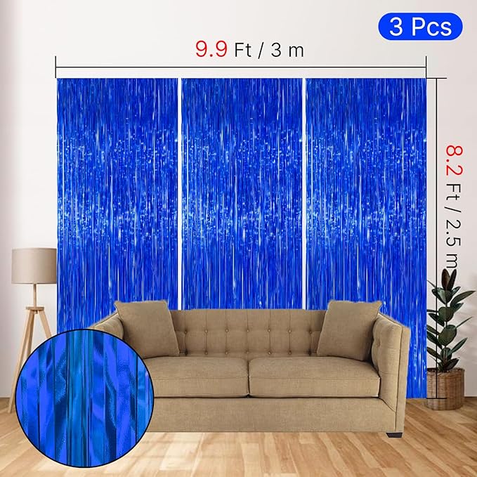 PartyWoo Dark Blue Streamers Fringe Backdrop 3pcs Navy Blue Foil Fringe Curtain 8.2FT Tinsel Backdrop for Birthday Gender Reveal Baby Shower Graduation Pool Under The Sea Ocean Party Decorations