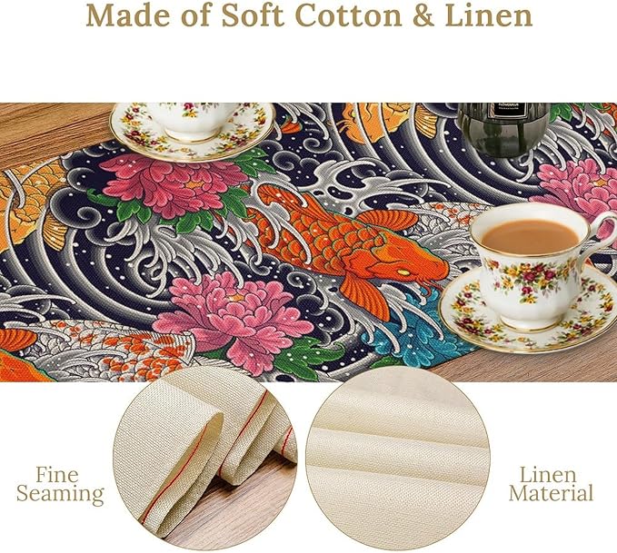 Japanese Retro Flowers Table Runner Oriental Tradition Kio Fish Art Printed Burlap Runner Home Kitchen Dining Table Living Room Decor Fabric 1 Panel W13xL120in