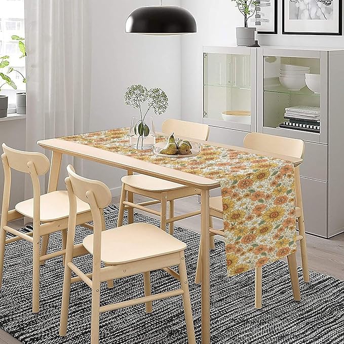 Vintage Floral Table Runner,Boho 70s Style Retro Daisies Flower Table Runner for Kitchen Dining Table Home Party Decoration 13x72 Inch