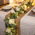 2 Pack 5.9 FT Artificial Flower Garland with Lights, Fake Floral Garland with 12 White Roses, White Flower Decorations for Arch Table Centerpieces Backdrop Party Home Wedding Decorations
