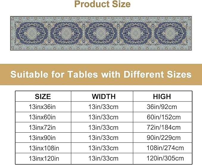 Boho Bohemia Style Blue Teal Table Runner, Country Rustic Farmhouse Magical Abstract Print Pattern for Home Kitchen Table Decor Dining Coffee Room Garden Party Decor 13x36in
