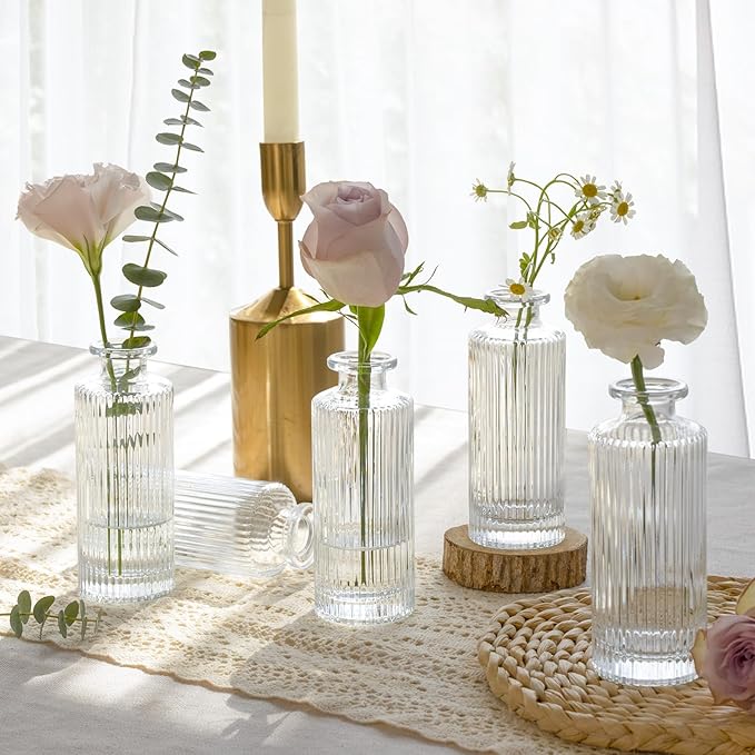 ComSaf Small Bud Vases Set of 12, 5.2 inch Glassl Bud Vase in Bulk, Mini Flower Vase for Centerpiece, Vintage Decorative Vase for Flowers, Wedding, Christmas, Home Decor, Housewarming Gift (Clear)