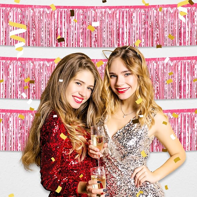 6 Pack 10 Feet Pink Foil Fringe Garland Metallic Tinsel Streamers Banner Wall Hanging Curtain Backdrop for Parade Floats, Birthday, Graduate, Mother's Day, Wedding Party Decoration