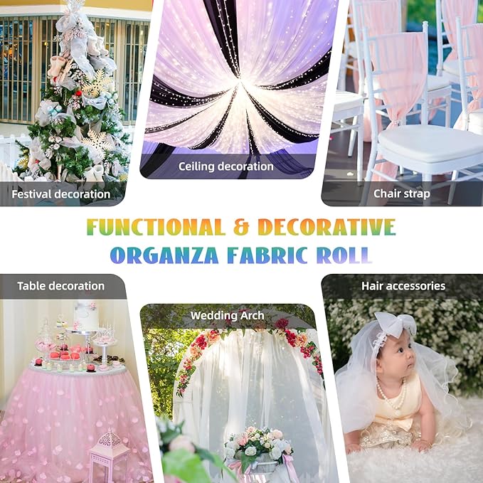 Crystal Organza Fabric Tulle 11 Inch by 50 Yards Sheer Tulle Rolls for DIY Craft Wedding Party Baby Shower Decor Gift Wrapping Party Supplies (Ivory)