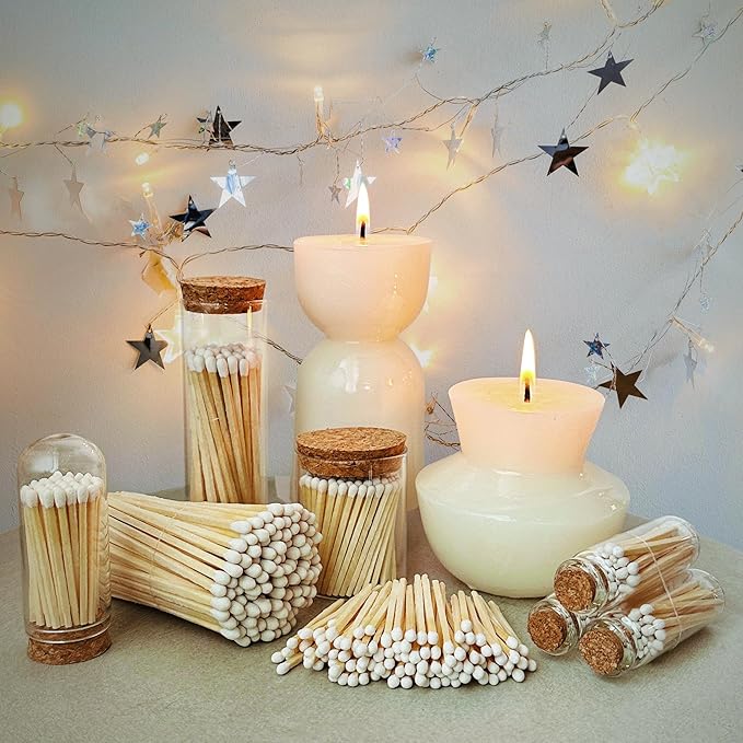 2" Classic White Tip Safety Matches | 6 Glass Bottles Each with Cork Top, Striker & 20 Matchsticks by Thankful Greetings (120+ Total) | Decorative Unique & Fun Artisan Set for Home, Gifts, & Events