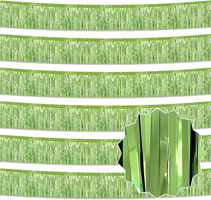 6 Pack 10 Ft Light Green Foil Fringe Garland Metallic Streamers Tinsel Banner Wall Hanging Garland Backdrop for Parade Floats, Halloween, Christmas, Thanksgiving, New Year Party Decorations