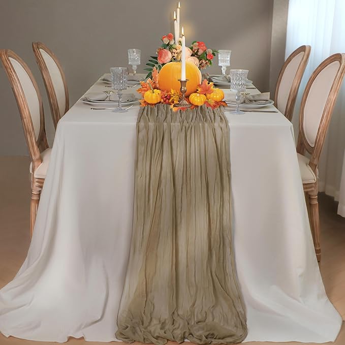 Snowkingdom 6PCS 10 FT Nude Brown Cheesecloth Table Runner, 120 inch Long Cheese Cloth Boho Rustic Gauze Sheer Runner for Wedding Party Baby Shower Birthday Christmas Holiday Table Decorations