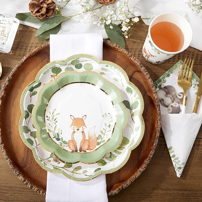 Kate Aspen Woodland Baby Shower Decorations - 78-Piece Baby Shower Plates and Napkins Set with Cups for 16 Guests - Gender Reveal Decorations Forest Animal Theme Party Supplies and Table Decor