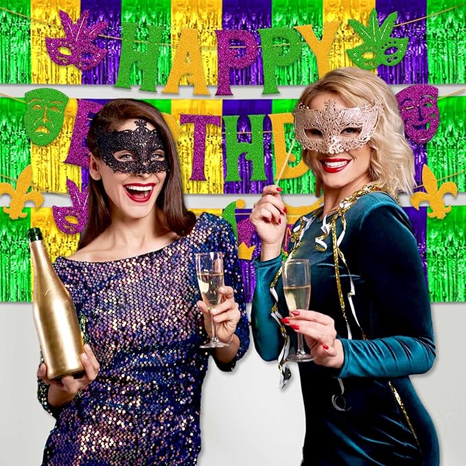 6 Pack 10 Ft Gold Green Purple Foil Fringe Garland Metallic Streamers Tinsel Banner Wall Hanging Garland Backdrop for Parade Floats, Halloween, Christmas, Thanksgiving, New Year Party Decorations