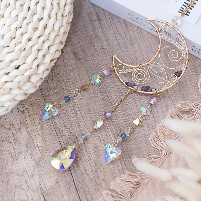 TUOKING Crystal Moon Suncatchers for Window Hanging Natural Healing Stones Wind Chimes Sun Catcher Rainbow Maker Good Luck Gifts Decor for Home Garden