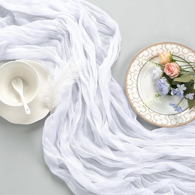 12 Pack White Cheesecloth Table Runner 10ft Boho Gauze Fabric Cheese Cloth Table Runner 35 x 120 Inch Rustic Sheer Runner for Romantic Wedding Decor Baby Shower Party Table Centerpiece Decoration