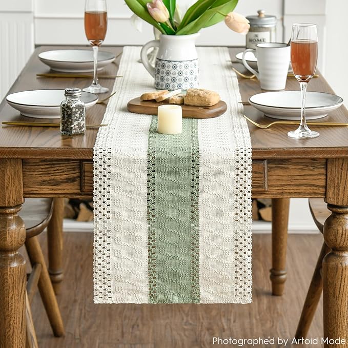 Artoid Mode Light Green Farmhouse Rustic Table Runner, Seasonal Holiday Hollow Kitchen Dining Table Decoration for Home Party Decor 12x60 Inch