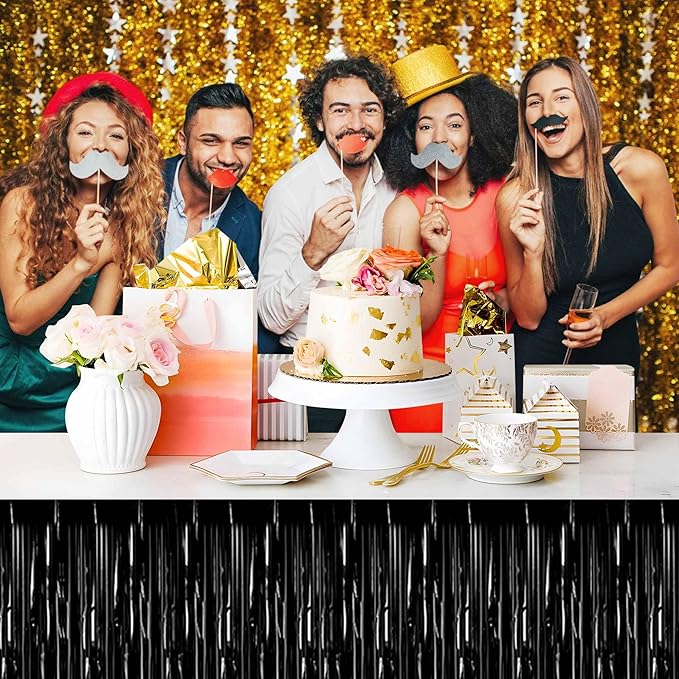 3 Pack 29 x108 Inch Black Foil Fringe Table Skirts Metallic Banner for Tinsel Streamer Garland Backdrop for Parade Floats Mother's Day, Graduate, Birthday, Wedding Party Decoration