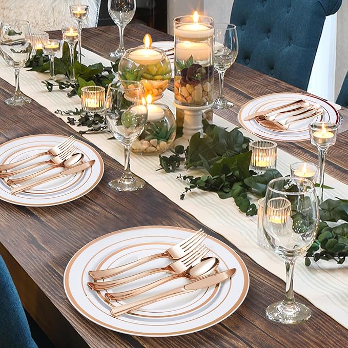 600PCS Rose Gold Plastic Plate Set (100 Guests), Plastic Plates for Party Wedding Birthday, Disposable Dinnerware Set of 200 Plates, 200 Forks, 100 Spoons, 100 Knives for Christmas