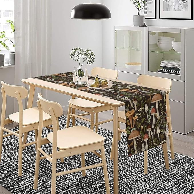 Mushroom Table Runner,Retro Forest Wildflower Botanical Plants Flower Art Pattern Print Burlap Hotel Indoors Outdoor Dining Room Kitchen Holiday Party, 13x60in
