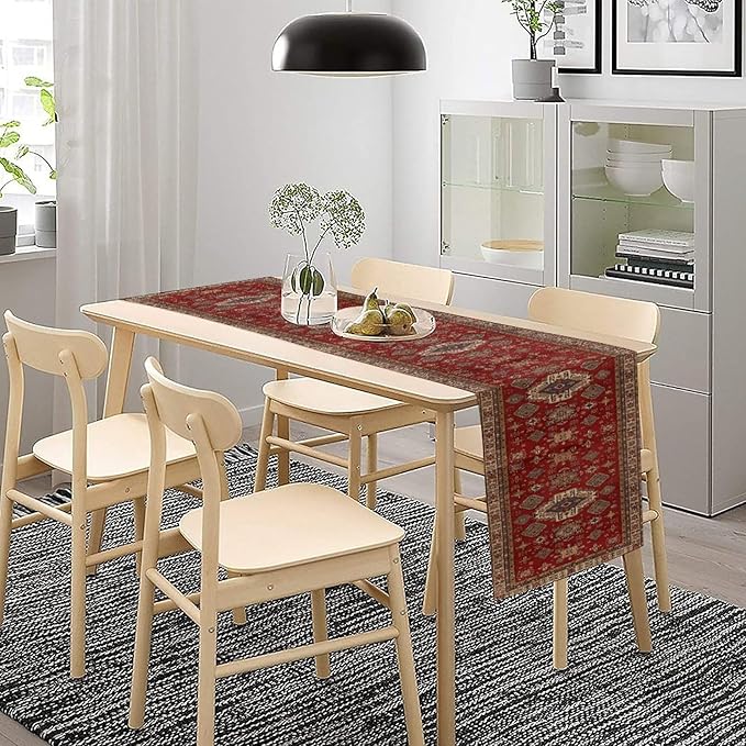 Boho Floral Vintage Table Runner, Retro Red Brown Flower Rustic Country Farmhouse Abstract Pattern for Home Kitchen Table Decor Dining Coffee Room Party Decor 13x36in