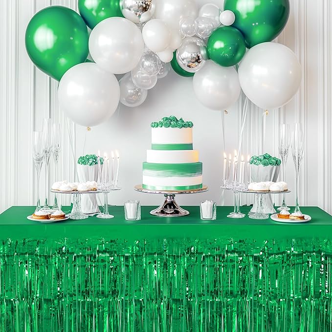 3 Pack Red Green Silver Table Skirts, 29x108" Metallic Foil Tinsel Fringe Table Skirt for Rectangle Tables Streamer Curtains Backdrop, Party Decorations for Birthdays, Weddings, Holidays