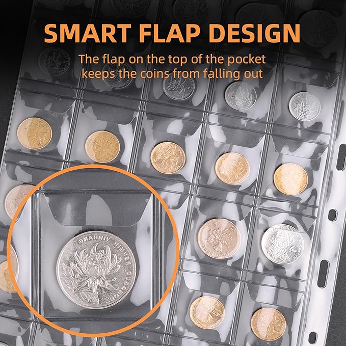 Coin Collection Book Holder for Collectors, 300 Pockets Fireproof Coins Collecting Album & 36 Sleeves Money Storage Case for Coin Currency Collection Supplies, Bill, Quarters, Stamp,Silver