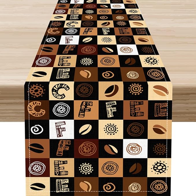 Coffee Theme Table Runner, Rustic Farmhouse Coffee Cup Latte Cappuccino Tea Party Cafe Table Center Decor for Home Kitchen Dining Patio Holiday Party Indoor Outdoor Table Decorations, 13"x90" Inch