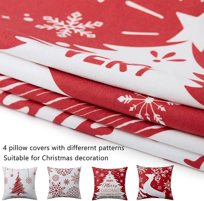 NANAN Christmas Pillow Covers 18x18 Inch Set of 4 Decorative Farmhouse Throw Pillow Covers Holiday Rustic Pillow Cases for Sofa Couch Home Decor Christmas Decorations Xmas Cushion Covers