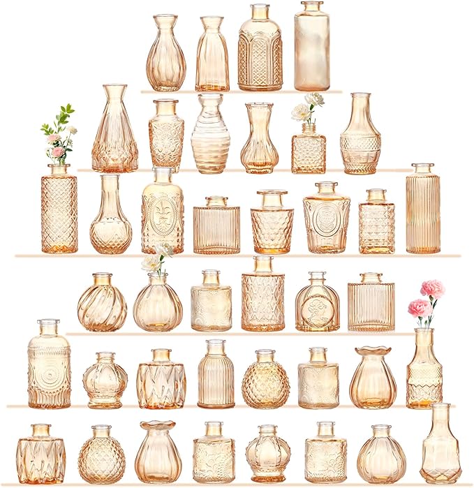 Bud Vases Set of 40 Pcs,Small Flower Vases for Centerpieces,Glass Bud Vase in Bulk,Vintage Bud Vase for Wedding Table Centerpieces Decoration, Home Table Party Decor, Christmas,Anniversary,Gold Amber