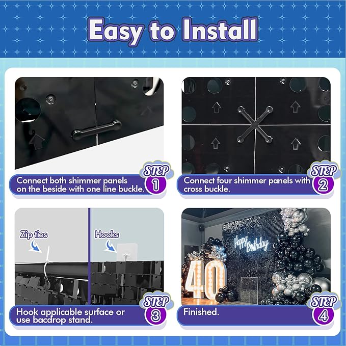 Qcity Blue Shimmer Wall Backdrop 36PCS, Black Back Not See-Through Design, Square Sequin Glitter Backdrop Panel, Perfect for Outdoor Events, Birthdays, Wedding and Party Decoration