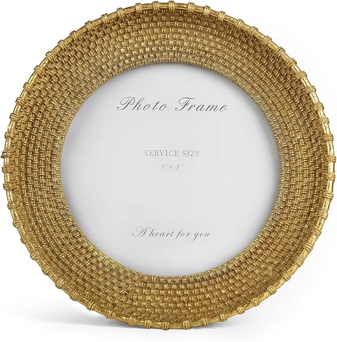 Cuspin Vintage Gold 5x5 Picture Frame, Gold Metal Rattan Textured Hand-Crafted Photo Frame with Glass Front Antique Picture Frame for Tabletop Display & Wall Display, Retro Design Home Decor