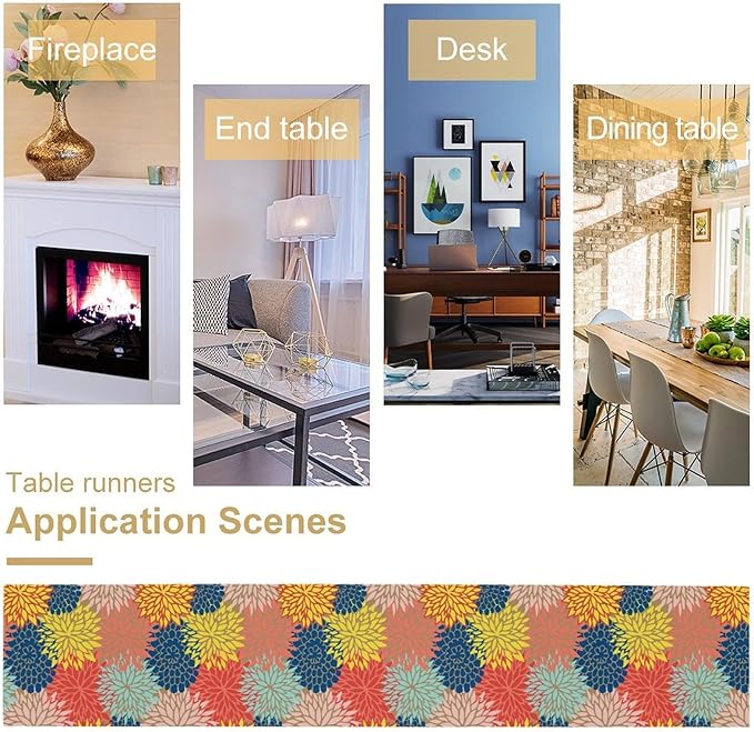Dahlia Flowers Table Runner Colorful Floral Teal Grey Pink Yellow Blue Abstract Table Runner Kitchen Dining Party Decor Living Room, 13x90 Inch