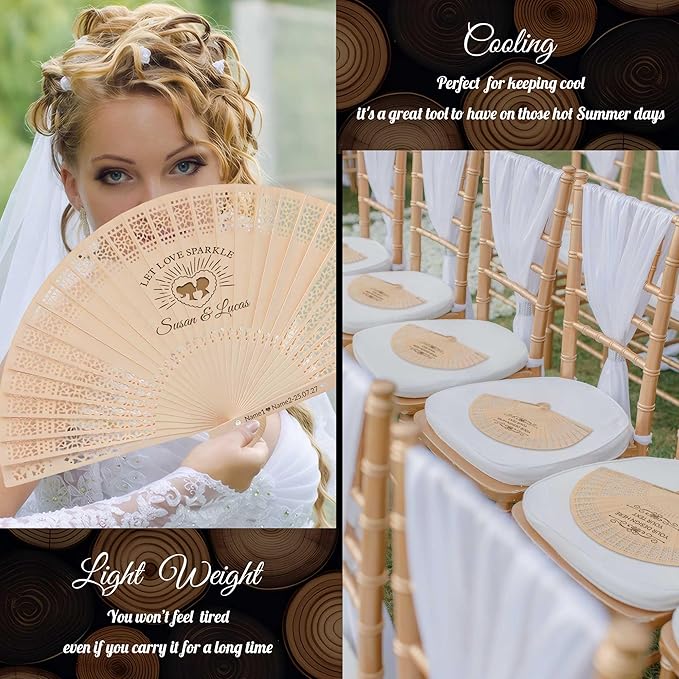 10 PCS Custom Fans Personalized Folding Fans for Line Dancing Wooden Hand Fan Wedding Favors Bulk Fans for Guests Party Event Use (Style13)