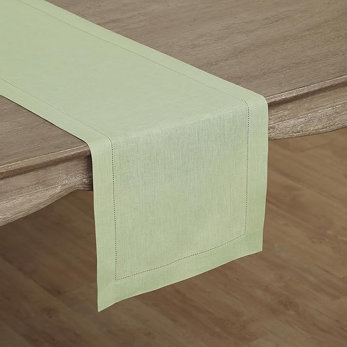 Solino Home Linen Sage Green Table Runner 90 Inches Long - 100% Pure Linen Hemstitch 14 x 90 Inch Table Runner for Dining, Fall, Autumn, Thanksgiving, Christmas - Classic Hemstitch