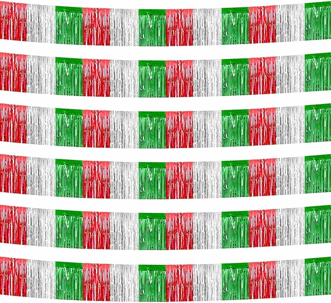 6 Pack 10 Feet Foil Fringe Garland Metallic Tinsel Streamers Banner Wall Hanging Backdrop Banner for Parade Floats, Valentine's Day, Wedding, Birthday, Mardi Gras Party Decorations Red Silver Green