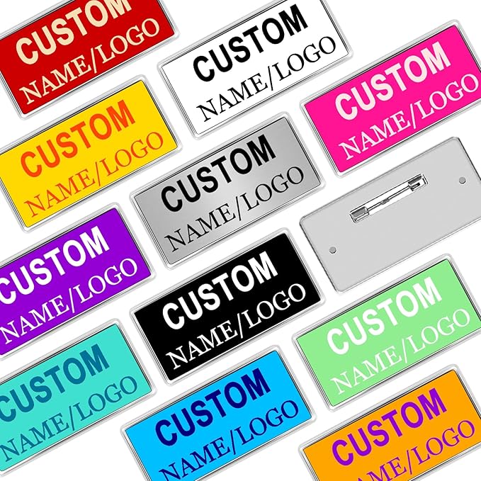 Custom Name Tags ID Badges with Logo Name Personalized Name Badges Name Tag ID Badges with Pin Backing Customizable Name Tags for Business Offices Stores Restaurant, 1.5x2.8 in, 100PCS
