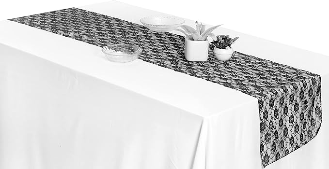 MDS Pack of 15 Wedding 12 x 108 inches Lace Table Runner for Wedding, Decorations for Birthday Parties, Banquets, Graduations, Engagements, and Runners fit Rectangle, Round Table- Black