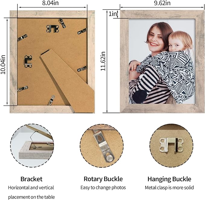 8x10 Picture Frame Set of 4, Smoke Gray Frame with High Definition Real Glass, 8 x 10 Wood Photo Frame for Tabletop Display and Wall Mounting
