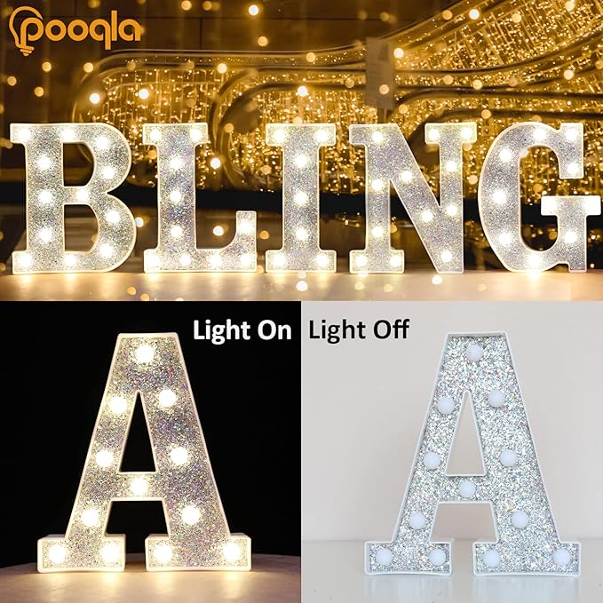 Pooqla Light Up Letters, LED Marquee Letters for Silver Birthday Decorations, Battery Powered Night Light Teenager Girl Room Decor, Gift for Girls Boys Wedding Bedroom Christmas Party Decor, Letter D