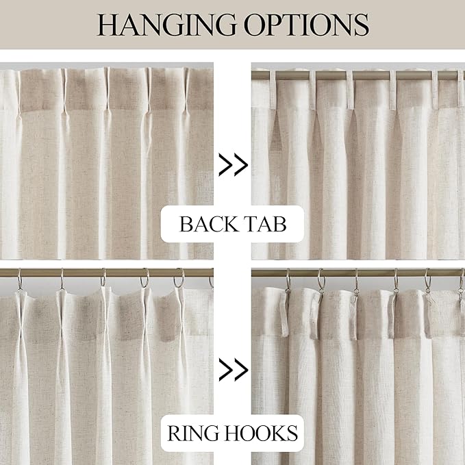 Vision Home Natural Pinch Pleated Semi Sheer Curtains Textured Linen Blended Light Filtering Window Curtains 120 inch for Living Room Bedroom Patio Pinch Pleat Drapes with Hooks 1 Panel 60" Wx120 L