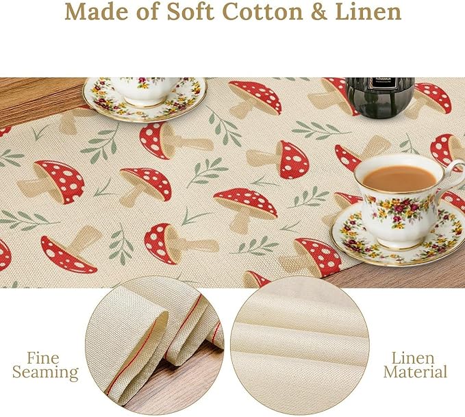 Mushroom Table Runner,Vintage Plant Print Table Runner for Kitchen Dining Table Home Party Decoration 13x90 Inch