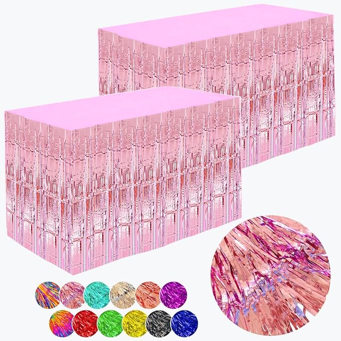 Pink Streamers Party Decorations, 2 Packs Pink Table Skirts Metallic Foil Fringe Tinsel for Birthday Bachelorette Girl Baby Shower Fiesta Float Parade Graduation Party Supplies -29x108Inch