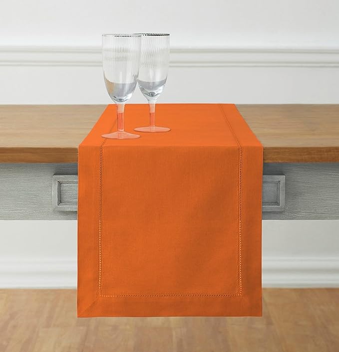 Solino Home Cotton Linen Table Runner 60 Inches - Pumpkin Hemstitch Table Runner 14 x 60 Inch Ideal for Dresser and Coffee Tables - Fall, Autumn, Halloween, Thanksgiving, Holiday