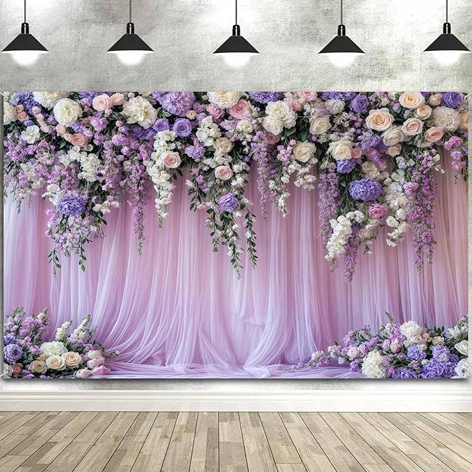 9x6ft Purple Lavender Floral Bridal Backdrop Wedding Flower Photography Backdrop for Girl Portrait Baby Shower Birthday Party Decor Banner Mother's Day Party Wall Backdrop Studio Photo Backgrounds