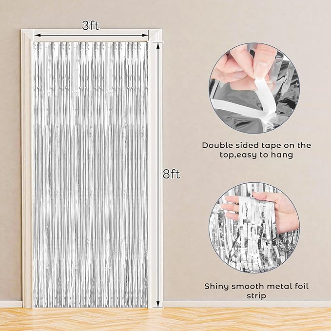 BTSD-home 10 Pack Silver Foil Fringe Curtain, Metallic Photo Booth Backdrop Tinsel Door Curtains for Wedding Birthday Bridal Shower Baby Shower Bachelorette Christmas Party Decorations(8ft x 3ft)