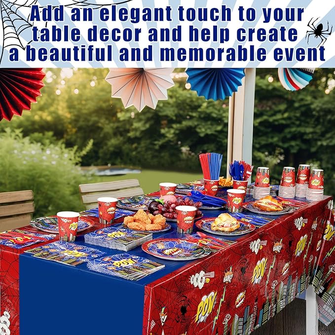 452 Pcs Spider Themed Birthday Party Supplies for 50 Guests, Hero Theme Paper Plates Napkins Cups Tablecloth Cutlery Straws Tableware for Red Blue Halloween Birthday Party Decorations