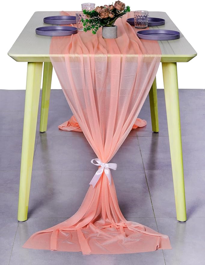 MDS 2 Pack 10ft Chiffon Table Runner 29 x 120 Inches Sheer Wedding Runner Romantic Rustic Table Runner for Wedding Decorations, Birthday Parties, Bridal Shower Party Arch Decor - Peach