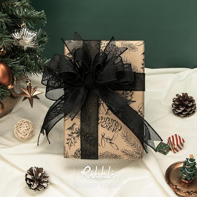 Ribbli Black Burlap Wired Ribbon, 1-1/2” Inch x Continuous 20 Yard, Black Wired Ribbon for Wreaths,Big Bows,Tree Decoration,Outdoor Decoration